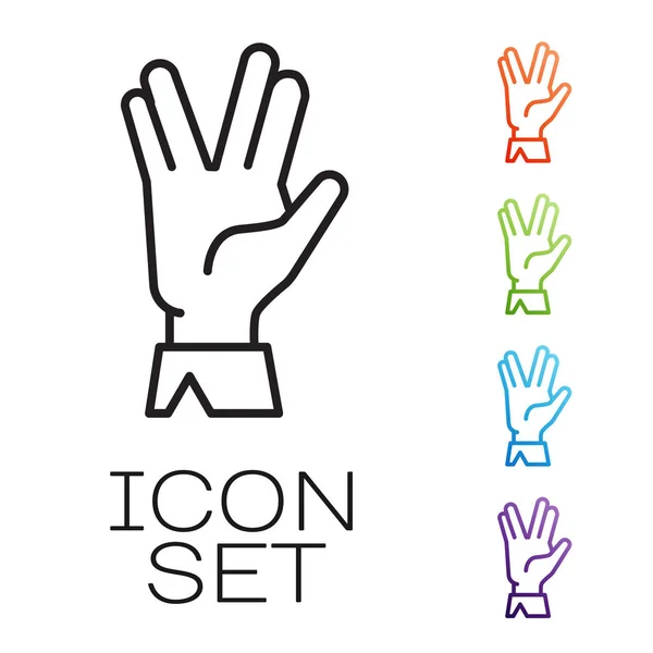 Black line Vulcan salute icon isolated on white background. Hand with vulcan greet. Spock symbol. Set icons colorful. Vector Illustration — Stock Vector