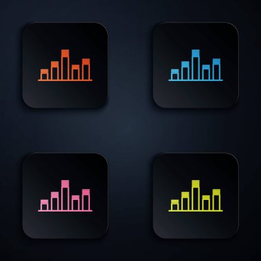 Renk neon çizgisi Müzik eşitleyici simgesi siyah arkaplanda izole edildi. Ses dalgası. Ses dijital dengeleyici teknolojisi, konsol paneli, nabız müzikali. Kare düğmelere simgeleri yerleştir. Vektör İllüstrasyonu