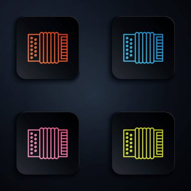 Renkli neon çizgisi müzik aleti akordeon simgesi siyah arkaplanda izole edildi. Klasik bayan, harmonik. Renkli kare düğmelere simgeleri yerleştir. Vektör İllüstrasyonu