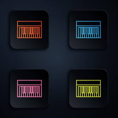 Renk neon çizgisi Müzik sentezleyici simgesi siyah arkaplanda izole edildi. Elektronik piyano. Renkli kare düğmelere simgeleri yerleştir. Vektör İllüstrasyonu
