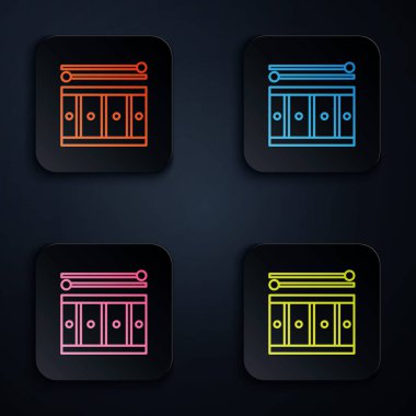 Renkli neon çizgisi Drum ve baget çubukları simgesi siyah arkaplanda izole edildi. Müzik işareti. Müzik aleti sembolü. Renkli kare düğmelere simgeleri yerleştir. Vektör İllüstrasyonu