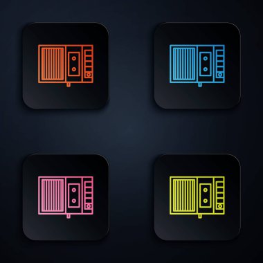 Renkli neon hattı müzik teybi simgesi siyah arkaplanda izole edildi. Taşınabilir müzik cihazı. Renkli kare düğmelere simgeleri yerleştir. Vektör İllüstrasyonu
