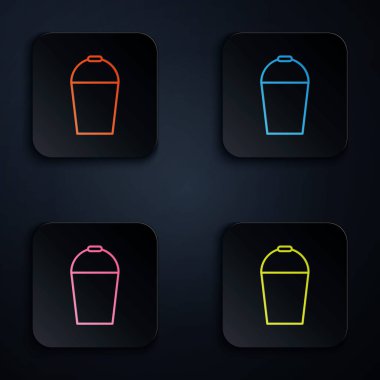Renkli neon çizgi Bucket simgesi siyah arkaplanda izole edildi. Renkli kare düğmelere simgeleri yerleştir. Vektör İllüstrasyonu