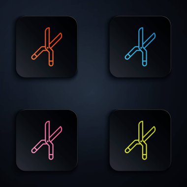 Siyah arkaplanda izole edilmiş simgeyi budamak için renk neon çizgisi el yapımı makas. Ahşap saplı budama makası. Renkli kare düğmelere simgeleri yerleştir. Vektör İllüstrasyonu