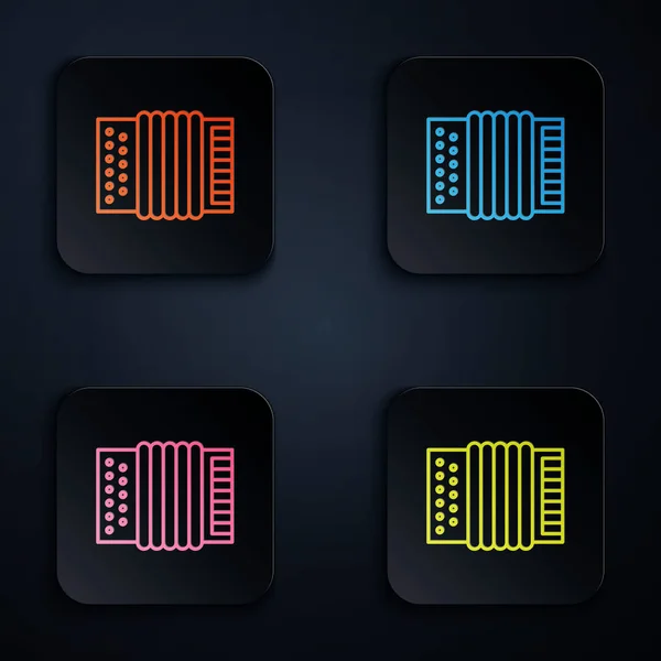 Farbe Neon Line Musikinstrument Akkordeon-Symbol isoliert auf schwarzem Hintergrund. klassisches Bajan, harmonisch. setzen Symbole in bunten quadratischen Tasten. Vektorillustration — Stockvektor