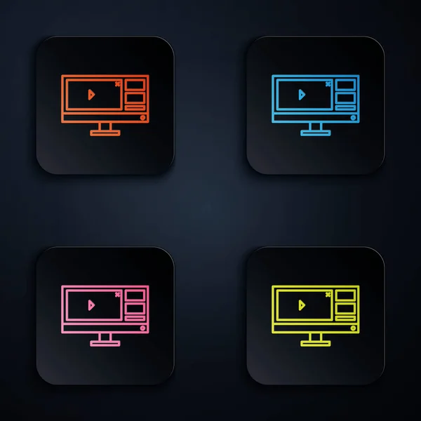 Farb-Neon-Line-Videorecorder oder Editor-Software auf Computerbildschirm-Symbol auf schwarzem Hintergrund isoliert. setzen Symbole in bunten quadratischen Tasten. Vektorillustration — Stockvektor