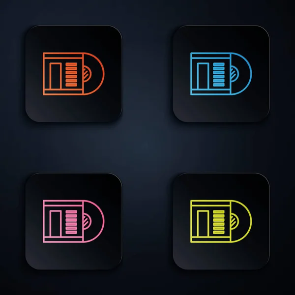 Farbiges Neon Line Vinyl Disk Icon isoliert auf schwarzem Hintergrund. setzen Symbole in bunten quadratischen Tasten. Vektorillustration — Stockvektor