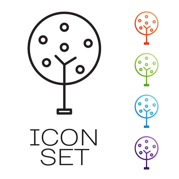 Черная линия Дерево значок изолирован на белом фоне. Символ леса. Набор иконок красочный. Векторная миграция
