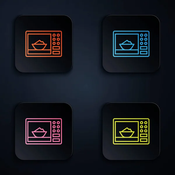 Color neon line Microwave oven icon isolated on black background. Home appliances icon. Set icons in square buttons. Vector Illustration — Stock Vector