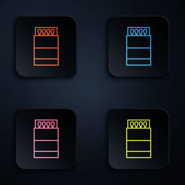 Barevný neonový řádek Otevřete krabičku od sirek a na černém pozadí se zobrazí ikona. Nastavit ikony v hranatých tlačítcích. Vektorová ilustrace — Stockový vektor