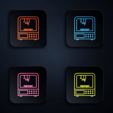Renk neon çizgisi 3d yazıcı simgesi siyah arkaplanda izole edildi. Kare düğmelere simgeleri yerleştir. Vektör İllüstrasyonu