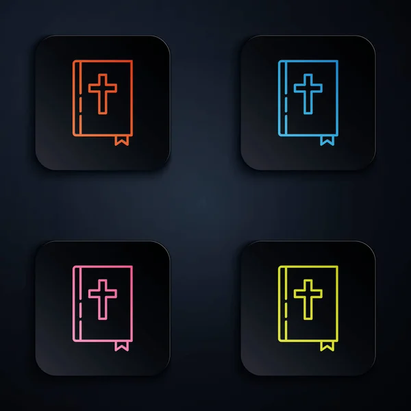 Kleur neon lijn Heilige bijbel boek pictogram geïsoleerd op zwarte achtergrond. Stel pictogrammen in vierkante knoppen. Vector Illustratie — Stockvector