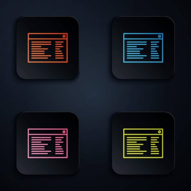 Renkli neon hattı yazılımı, web geliştirici programlama kodu simgesi siyah arkaplanda izole edildi. Program kodunun rastgele bilgisayar betiği parçalarını Javascript et. Kare düğmelere simgeleri yerleştir. Vektör İllüstrasyonu