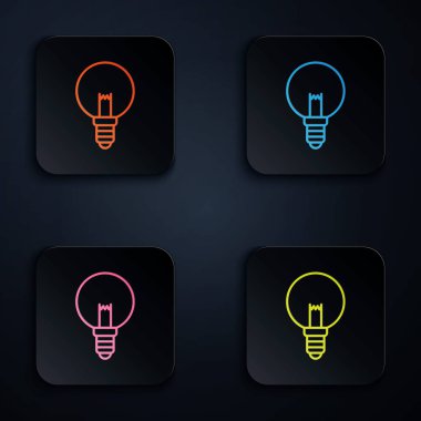 Siyah arkaplanda izole edilmiş fikir ikonu konseptine sahip renkli neon çizgisi ampulü. Enerji ve fikir sembolü. İlham konsepti. Kare düğmelere simgeleri yerleştir. Vektör İllüstrasyonu