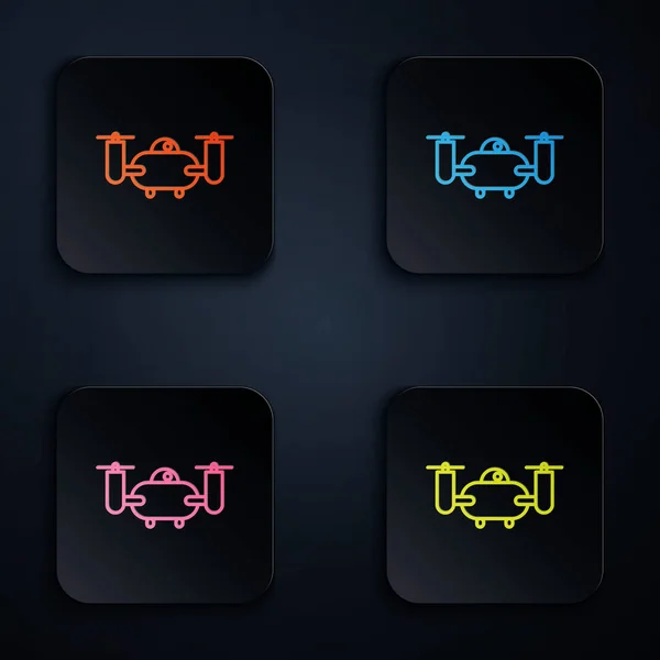 Color neon line Drone flying with action video camera icon isolated on black background. Quadrocopter with video and photo camera symbol. Set icons in square buttons. Vector Illustration — Stock Vector