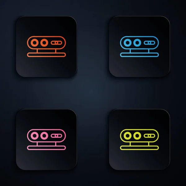 Linea al neon a colori icona del sistema di scansione 3d isolato su sfondo nero. Impostare le icone in pulsanti quadrati. Illustrazione vettoriale — Vettoriale Stock
