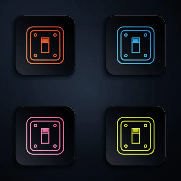 Color neón línea Icono interruptor de luz eléctrica aislado sobre fondo negro. Icono de encendido y apagado. Señal de interruptor de luz Dimmer. Concepto de ahorro de energía. Establecer iconos en botones cuadrados. Ilustración vectorial — Archivo Imágenes Vectoriales