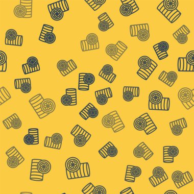 Sarı zemin üzerinde dört yapraklı yonca simgesi olan mavi çizgi altın sikke. Aziz Patrick gününüz kutlu olsun. Vektör İllüstrasyonu