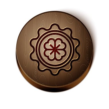 Beyaz arka planda dört yapraklı yonca simgesi olan kahverengi çizgi şişe kapağı. Aziz Patrick gününüz kutlu olsun. Tahta daire düğmesi. Vektör İllüstrasyonu