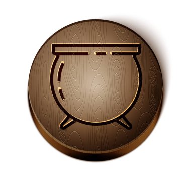 Kahverengi çizgi cadı kazanı simgesi beyaz arkaplanda izole edildi. Aziz Patrick gününüz kutlu olsun. Tahta daire düğmesi. Vektör İllüstrasyonu