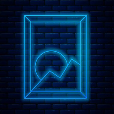 Parlayan neon çizgisi görüntü ikonu tuğla duvar arka planında izole edilmiş. Vektör İllüstrasyonu