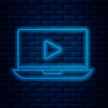 Parlayan neon hattı çevrimiçi video oynatma simgesi tuğla duvar arka planında izole edildi. Dizüstü bilgisayar ve oyun işaretli film şeridi. Vektör İllüstrasyonu
