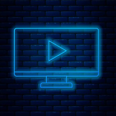 Parlayan neon hattı çevrimiçi video oynatma simgesi tuğla duvar arka planında izole edildi. Bilgisayar monitörü ve oyun işaretli film şeridi. Vektör İllüstrasyonu