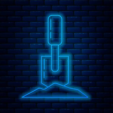 Yerdeki parlak neon hattı küreği tuğla duvar arka planında izole edilmiş. Bahçe aletleri. Bahçecilik, tarım, çiftçilik aleti. Vektör İllüstrasyonu