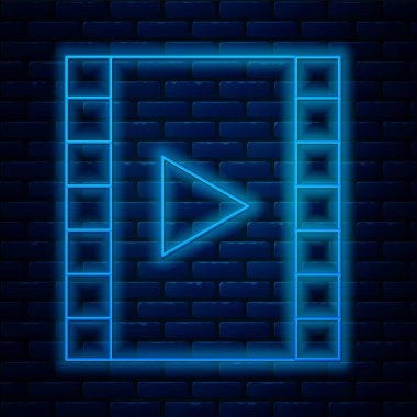 Glowing neon line Play Video icon isolated on brick wall background. Film strip with play sign. Vector Illustration