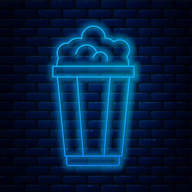 Karton kutuda parlayan neon hattı patlamış mısır tuğla duvar arkasında izole edilmiş. Patlamış mısır kutusu. Vektör İllüstrasyonu