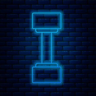 Parlayan neon hattı Dumbbell simgesi tuğla duvar arka planında izole edildi. Kas kaldırma ikonu, fitness halteri, beden eğitimi ikonu, spor malzemeleri sembolü, egzersiz bumbzili. Vektör İllüstrasyonu