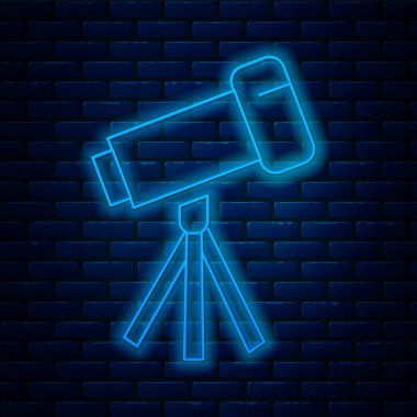 Parlayan neon hattı Teleskop simgesi tuğla duvar arka planında izole edildi. Bilimsel bir alet. Eğitim ve astronomi elementi, dürbün ve çalışma yıldızları. Vektör İllüstrasyonu
