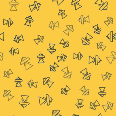 Mavi çizgi UFO uçan uzay gemisi ikonu sarı arka planda izole edilmiş kusursuz desen. Uçan daire. Uzaylı uzay gemisi. Gelecekteki bilinmeyen uçan nesne. Vektör İllüstrasyonu