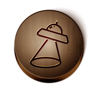 Kahverengi çizgi Ufo uçan uzay gemisi simgesi beyaz arkaplanda izole edildi. Uçan daire. Uzaylı uzay gemisi. Gelecekteki bilinmeyen uçan nesne. Tahta daire düğmesi. Vektör İllüstrasyonu