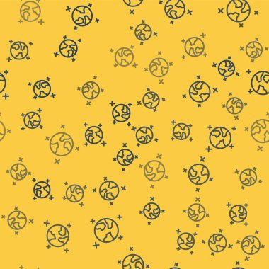 Mavi çizgi Dünya ikonu sarı arkaplandaki kusursuz deseni izole etti. Dünya ya da Dünya işareti. Küresel internet sembolü. Geometrik şekiller. Vektör İllüstrasyonu