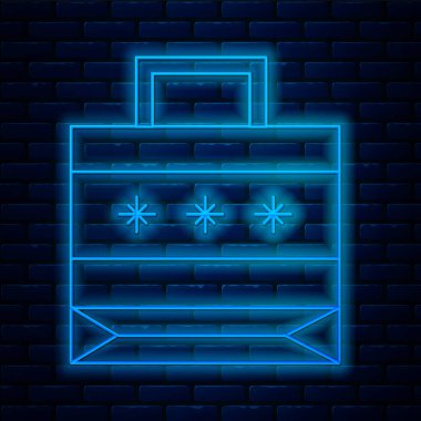 Işıldayan neon çizgisi, duvar arkasında izole edilmiş bir Noel poşeti ikonu. Paket işareti. Mutlu Noeller ve mutlu yıllar. Vektör İllüstrasyonu