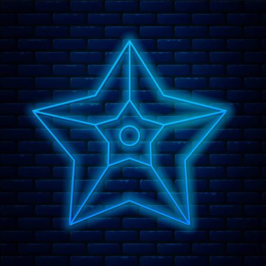 Parlayan neon hattı Noel yıldızı simgesi tuğla duvar arkasında izole edilmiş. Mutlu Noeller ve mutlu yıllar. Vektör İllüstrasyonu