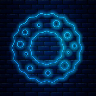 Parlayan neon çizgisi Noel çelengi simgesi tuğla duvar arkasında izole edilmiş. Mutlu Noeller ve mutlu yıllar. Vektör İllüstrasyonu