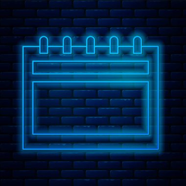 Parlayan neon çizgisi takvim simgesi tuğla duvar arka planında izole edildi. Olay hatırlatma sembolü. Mutlu Noeller ve mutlu yıllar. Vektör İllüstrasyonu