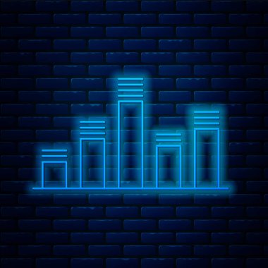 Parlayan neon hattı müzik eşitleyici simgesi tuğla duvar arka planında izole edildi. Ses dalgası. Ses dijital dengeleyici teknolojisi, konsol paneli, nabız müzikali. Vektör İllüstrasyonu