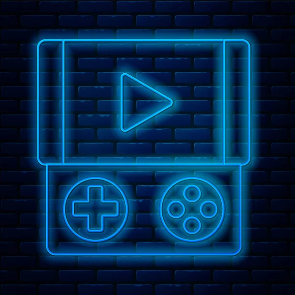 Linea neon incandescente Icona della console portatile per videogiochi isolata su sfondo murale in mattoni. Segno del gamepad. Concetto di gioco. Illustrazione vettoriale — Vettoriale Stock