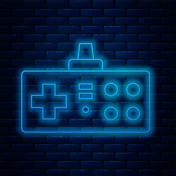 Linea fluorescente icona Gamepad isolato su sfondo muro di mattoni. Controllore di gioco. Illustrazione vettoriale — Vettoriale Stock