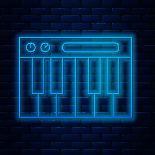 Icono sintetizador de música de línea de neón brillante aislado en el fondo de la pared de ladrillo. Piano electrónico. Ilustración vectorial — Vector de stock