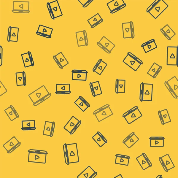 Niebieska linia Online grać wideo ikona odizolowany bezszwowy wzór na żółtym tle. Laptop i taśma filmowa ze znakiem "play". Ilustracja wektora — Wektor stockowy