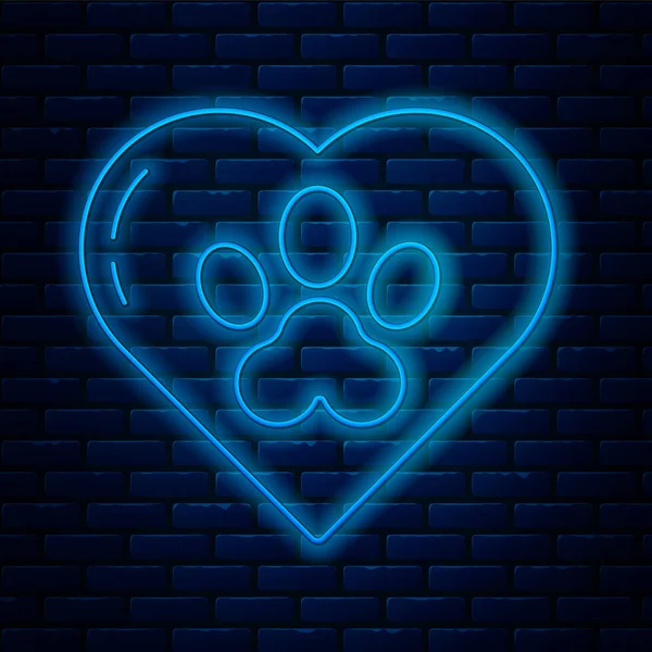 Glödande neon line Hjärta med djur fotavtryck ikon isolerad på tegel vägg bakgrund. Djurtass i hjärtat. Kärlek till djuren. Vektor Illustration — Stock vektor