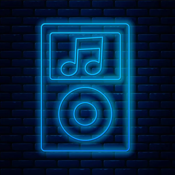 Icono brillante del reproductor de música en línea de neón aislado en el fondo de la pared de ladrillo. Dispositivo de música portátil. Ilustración vectorial — Vector de stock