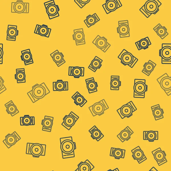 青い線黄色の背景に写真カメラのアイコンの分離シームレスなパターン。カメラのアイコン。ベクターイラスト — ストックベクタ