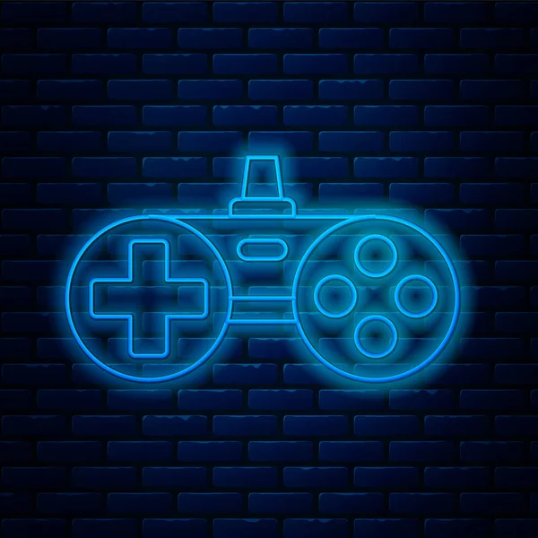 Gloeiende neon lijn Gamepad pictogram geïsoleerd op baksteen muur achtergrond. Spelregelaar. Vector Illustratie — Stockvector