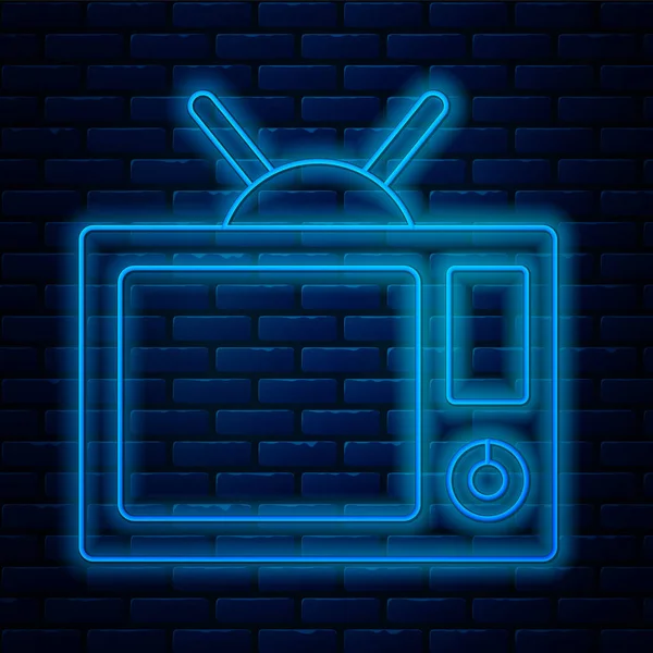 Świecąca neonowa ikona TV odizolowana na ceglanym tle ściany. Znak telewizyjny. Ilustracja wektora — Wektor stockowy