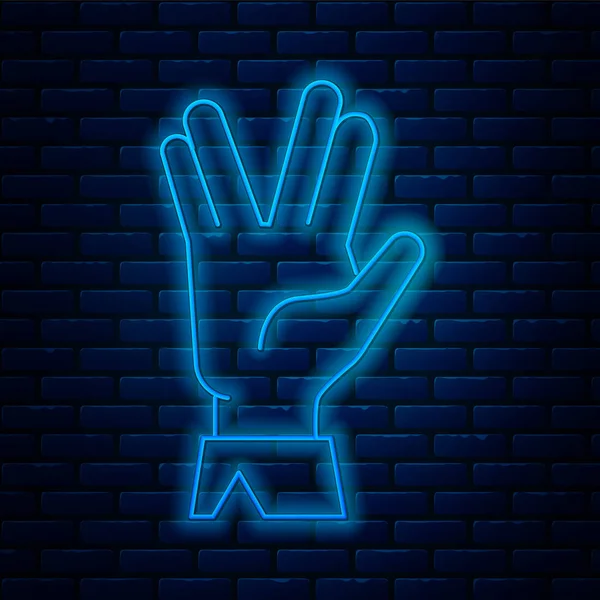 Parlayan neon hattı Vulkan selamlama simgesi tuğla duvar arka planında izole edildi. Vulcan selamı. Spock sembolü. Vektör İllüstrasyonu